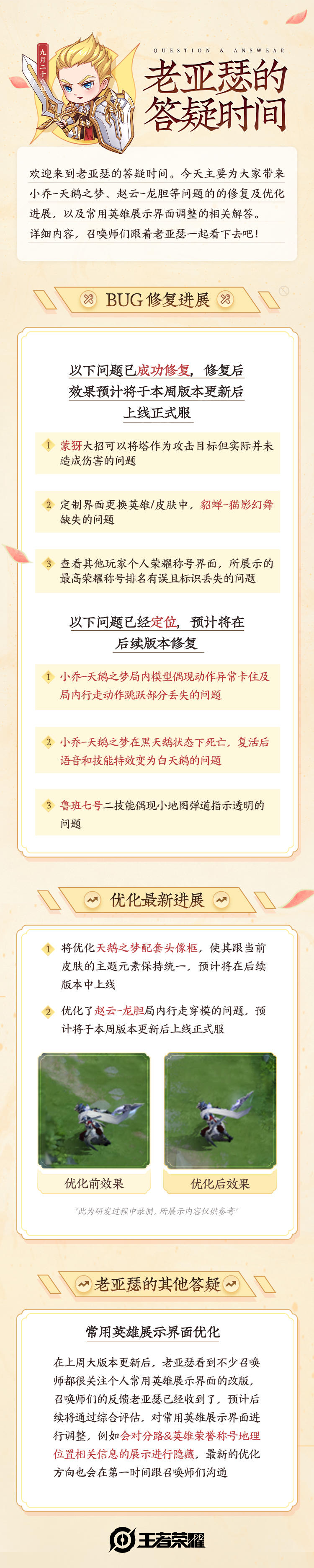 老亚瑟的答疑时间|天鹅之梦bug修复进展，常用英雄展示界面调整