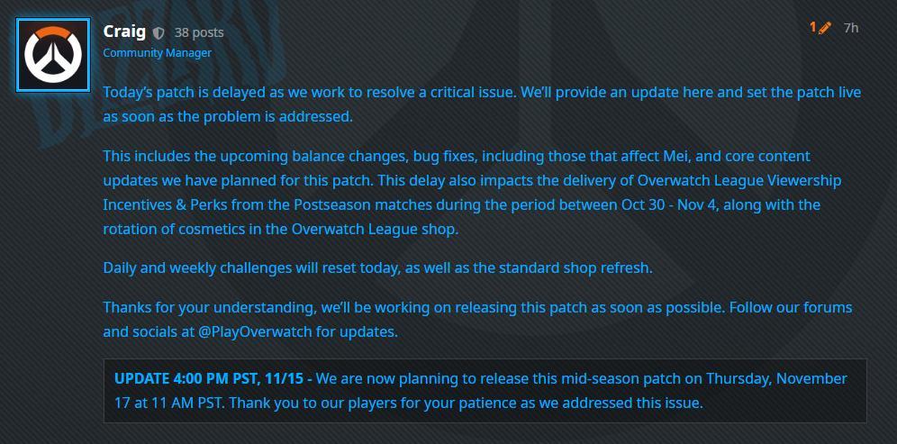 为解决新问题 《守望先锋：归来》11月16日平衡补丁推迟发布