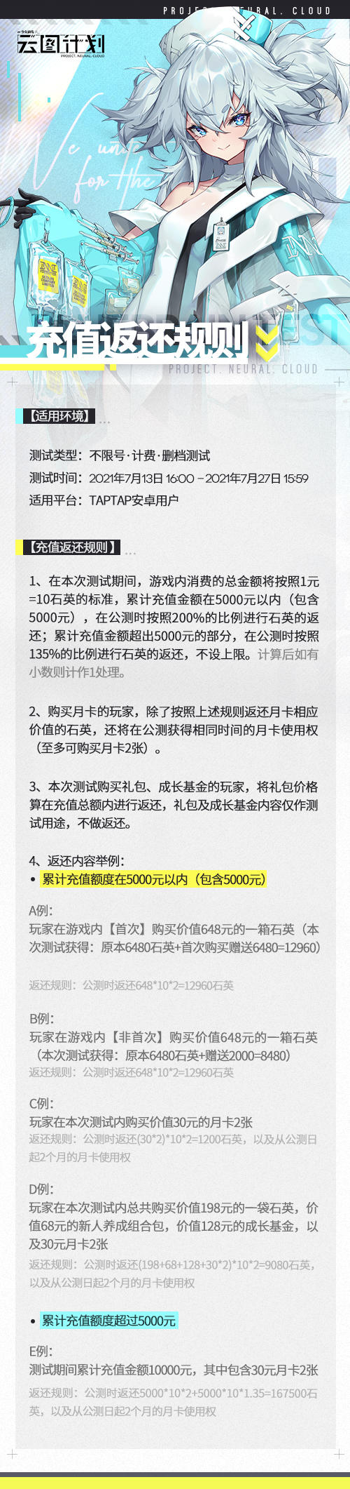 《少女前线：云图计划》蓝脑测试-充值返还规则说明