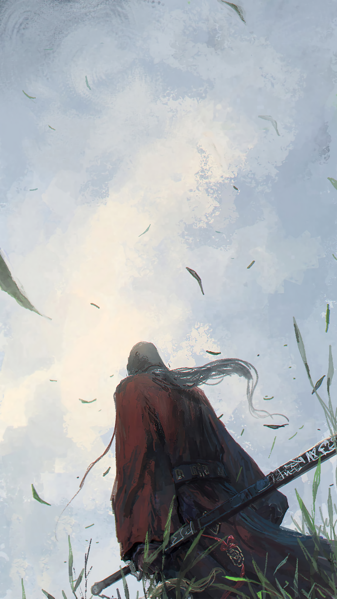 兄弟们,找个壁纸,竖屏的,里面是左殇提剑背对,有天空有草,清手机不