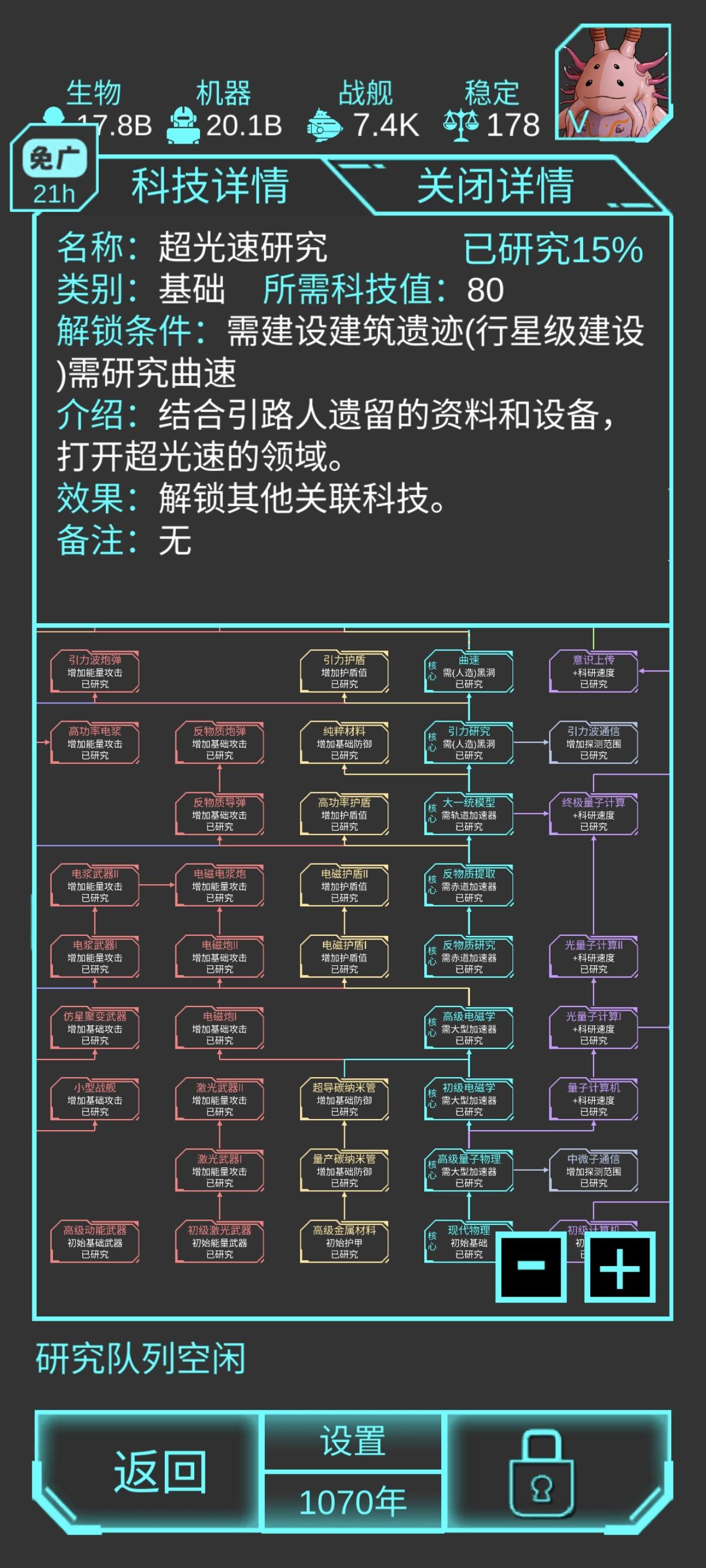 小寄巧。
可以看到，反物质研究和高级电磁学之间是没有线的。
也就是说，我们开局完全可以放掉左边的战斗科技和高级电磁学，直接研究右边的科技，然后从反物质研究点起。
然后直接出反物质导弹、高功率护盾，以及反物质引擎。
具体要从初级电磁学点起，然后是量子计算机、光量子计算机、强人工智能、行星级建设。然后造赤道加速器。开局人口全用来挖矿，为赤道加速器做准备，其实也没别的要造，能源也是不急的。截图