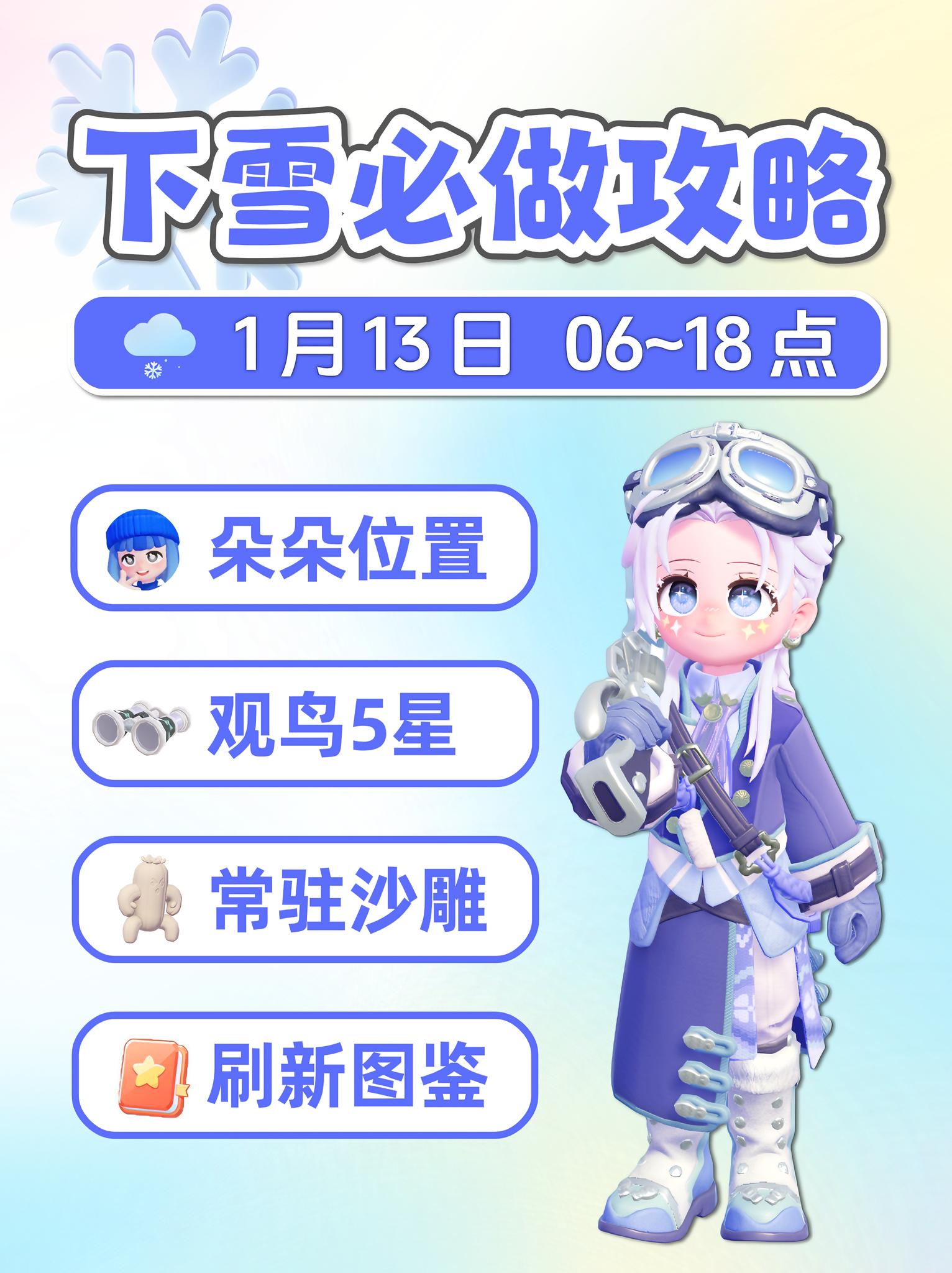 1月13日 下雪必做攻略 朵朵位置 鸟虫鱼沙雕