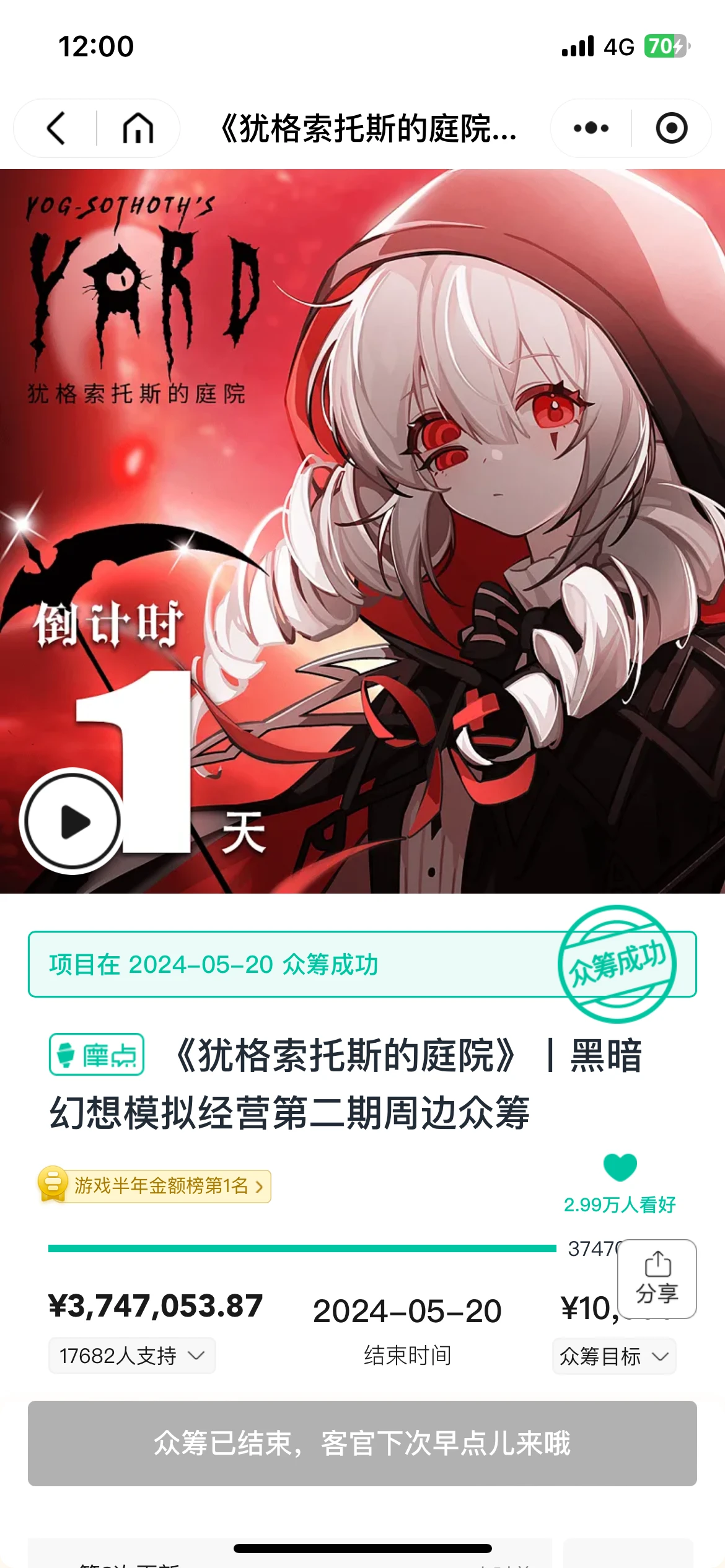 《犹格索托斯的庭院》众筹成功