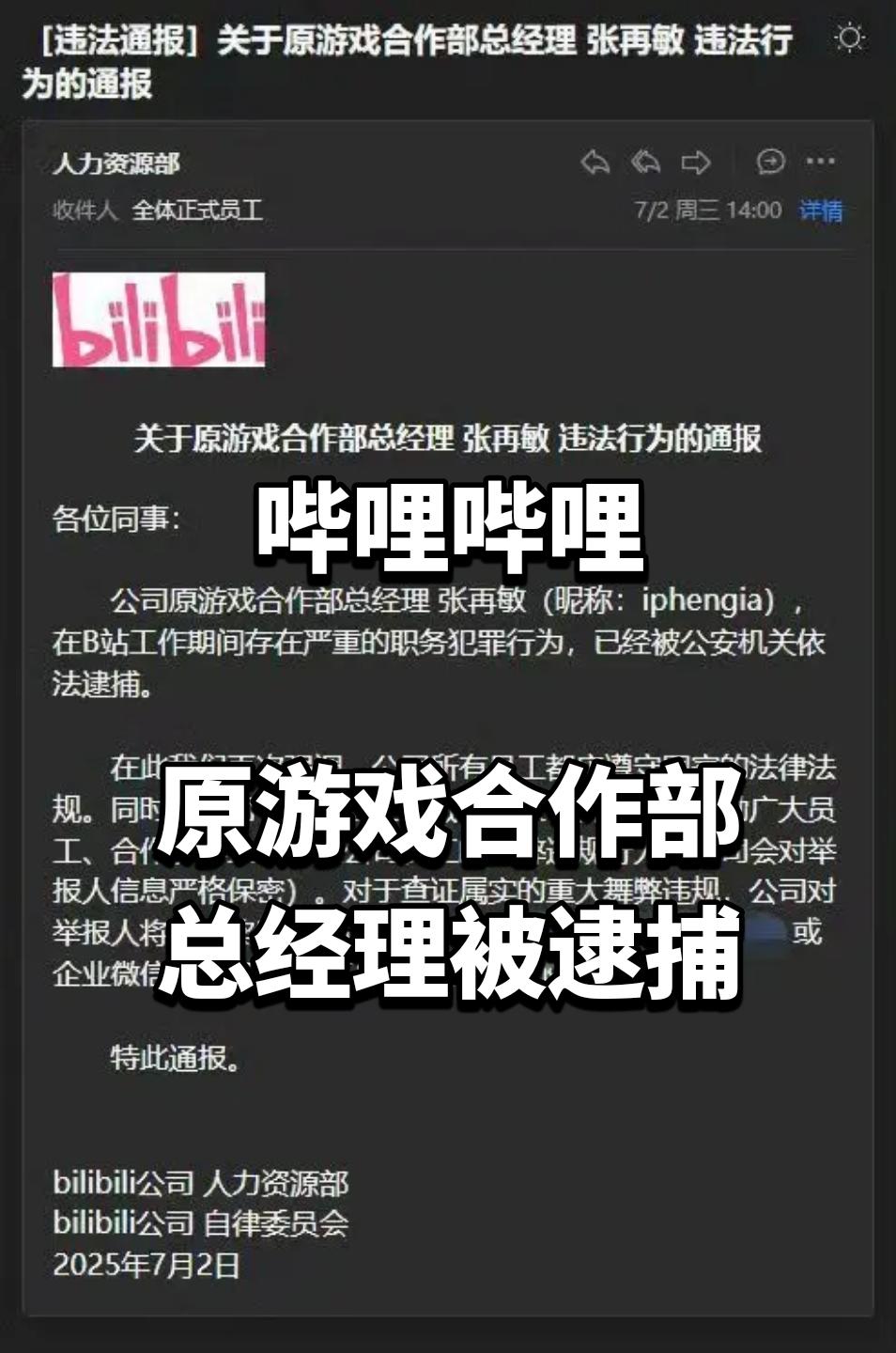 哔哩哔哩原游戏合作部总经理被逮捕