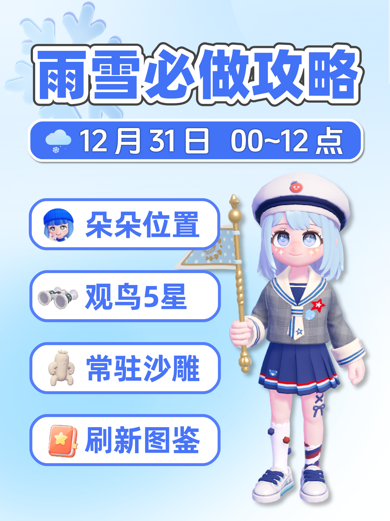 12月31日雨雪必做攻略 朵朵位置 鸟虫鱼沙雕