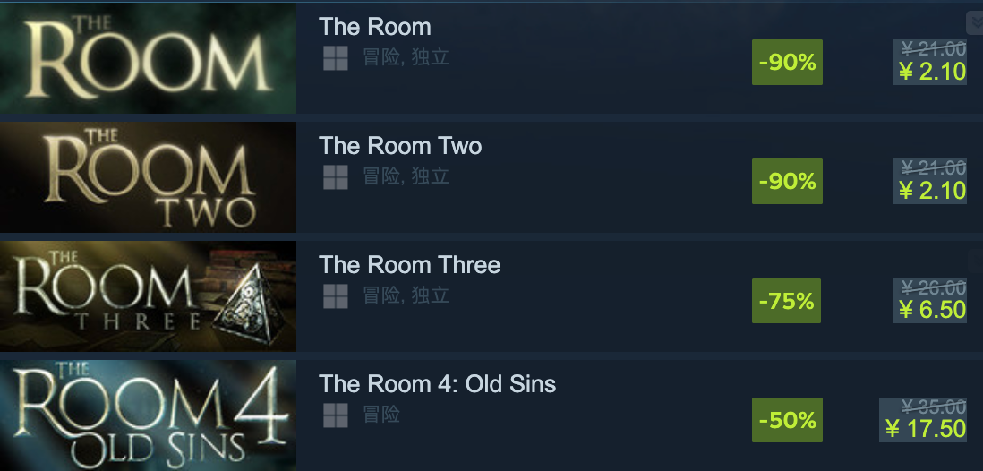 友情提醒，Steam夏日特卖里《迷室》系列骨折价，4部分别卖2.1元、2.1元、6.5元、17.5元，下手好机会！`д´)#解谜游戏#Steam游戏安利