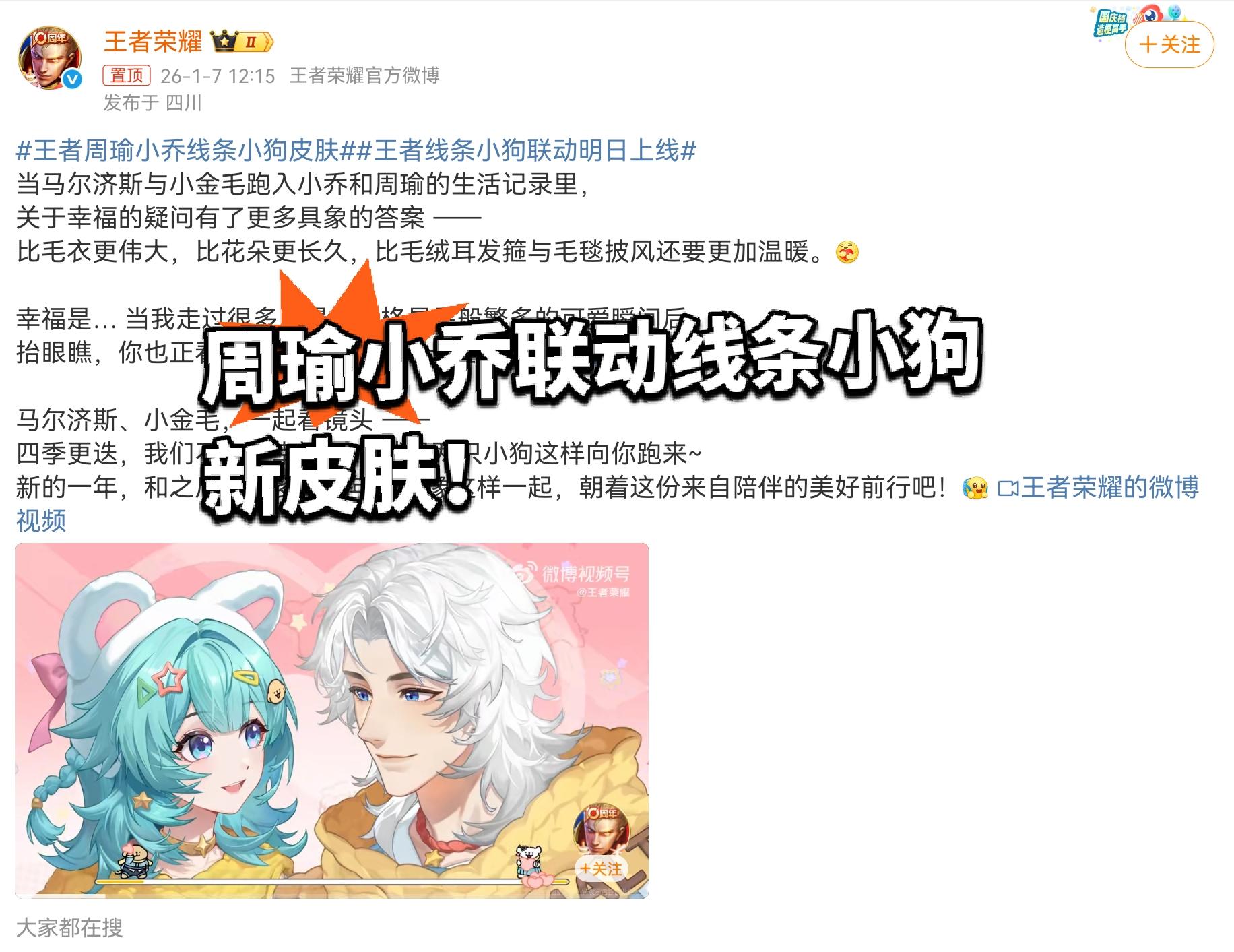 周瑜小乔联动线条小狗新皮肤！