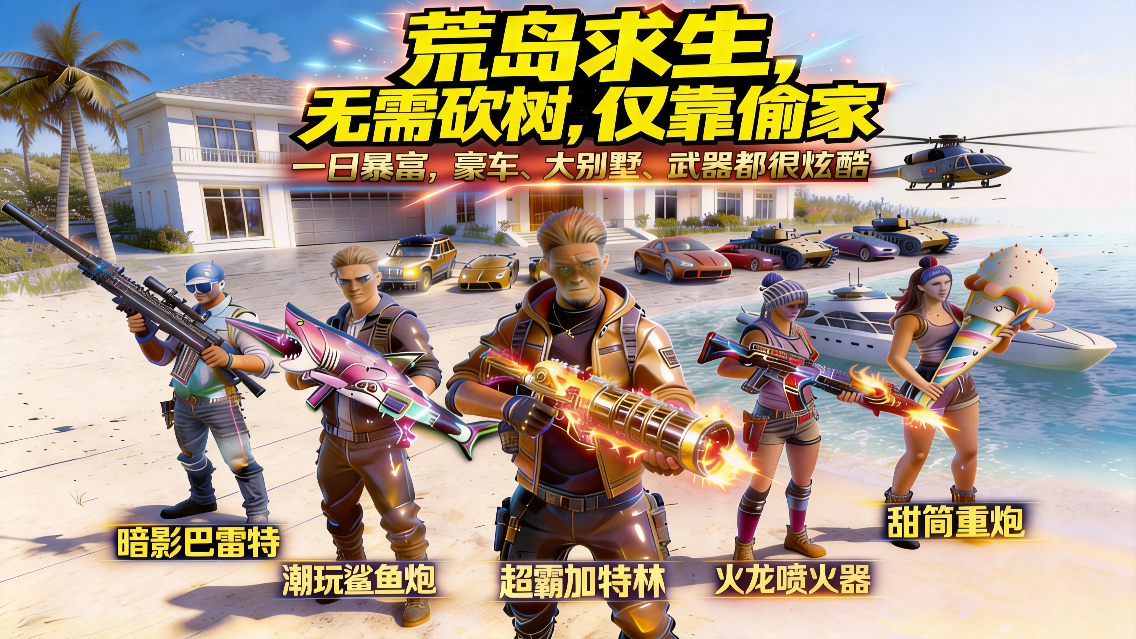 荒岛求生，无需砍树，仅靠偷家，一日暴富，豪车别墅、武器都炫酷