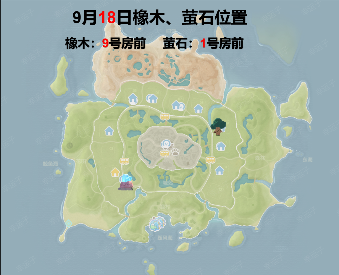 心动小镇，9月18日橡木、萤石位置截图