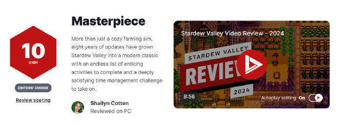 星露谷物语获IGN10分评价