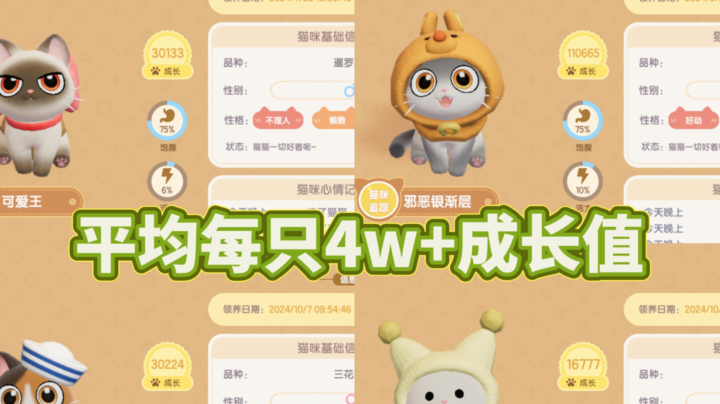 4只猫共18w+成长值，告诉你如何快速刷成长值