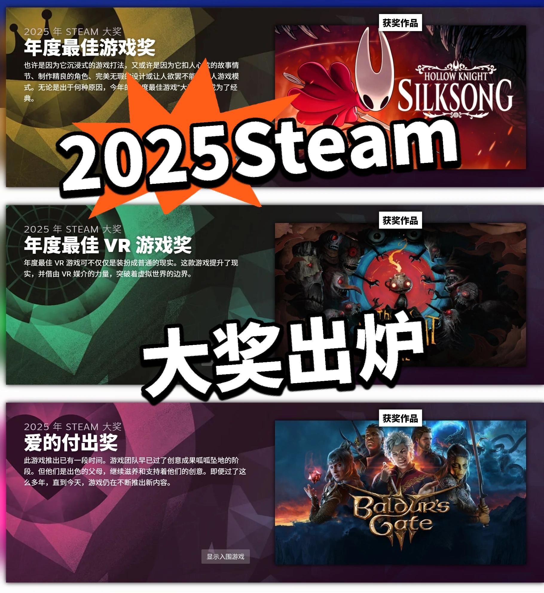 各奖项猜对没？2025Steam大奖出炉