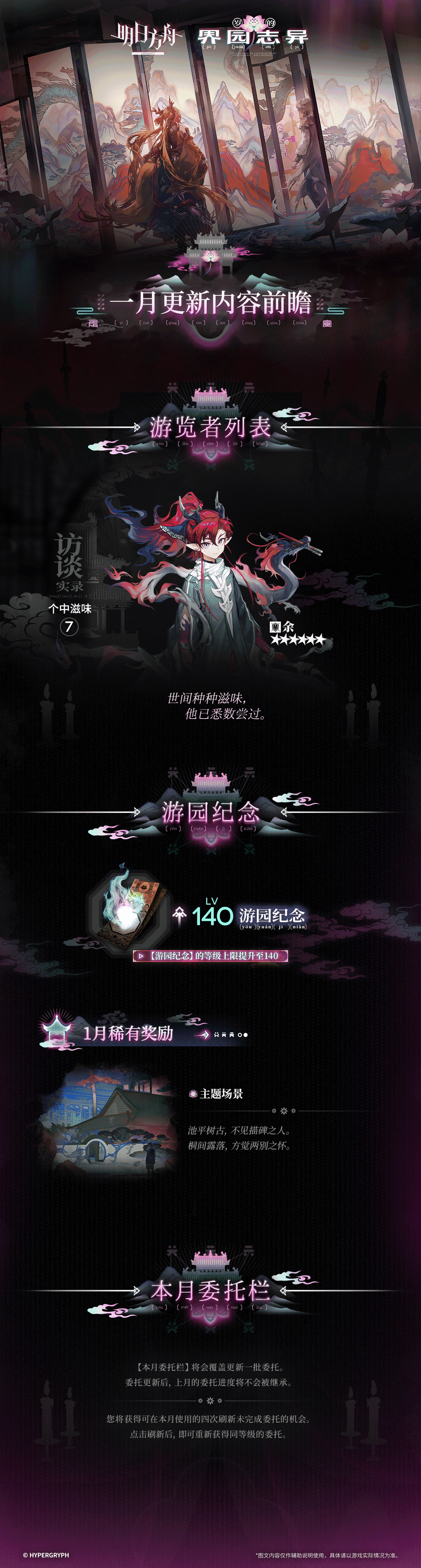 集成战略「岁的界园志异」
一月更新内容前瞻
◆ 【游览者列表】
本月【游览者列表】：
余
◆ 【游园纪念】
【游园纪念】的等级上限提升至140。
本月稀有奖励：
主题场景
◆ 【本月委托栏】
【本月委托栏】将会覆盖更新一批委托。委托更新后，上月的委托进度将不会被继承。
您将获得可在本月使用的四次刷新未完成委托的机会。点击刷新后，即可重新获得同等级的委托。
_________________
更多「