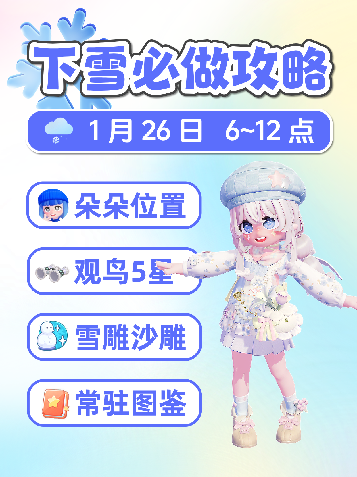 1月26日小镇下雪必做攻略 朵朵位置雪雕沙雕