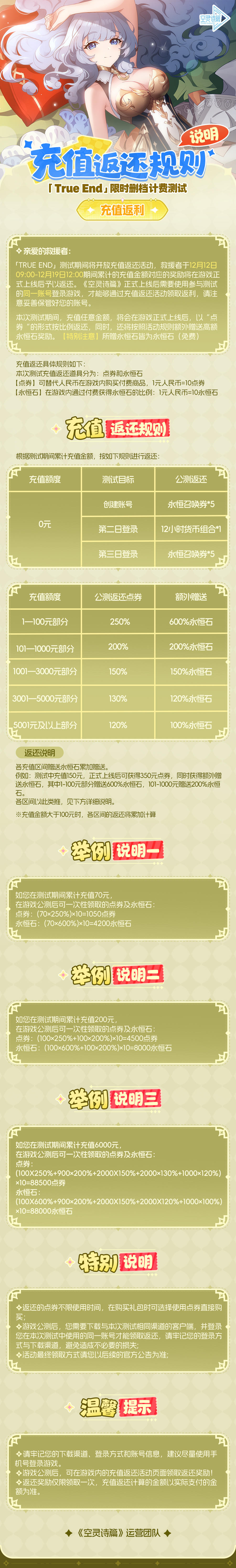 「True End」测试充值返还规则说明