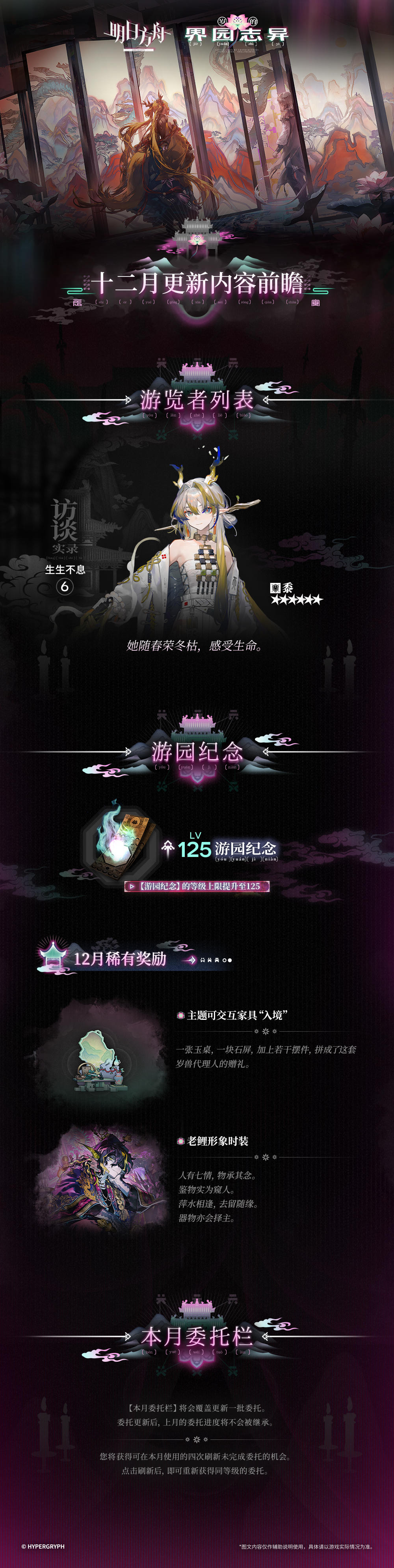 集成战略「岁的界园志异」
十二月更新内容前瞻
◆ 【游览者列表】
本月【游览者列表】：
黍
◆ 【游园纪念】
【游园纪念】的等级上限提升至125。
本月稀有奖励：
主题可交互家具“入境”
老鲤形象时装
◆ 【本月委托栏】
【本月委托栏】将会覆盖更新一批委托。委托更新后，上月的委托进度将不会被继承。
您将获得可在本月使用的四次刷新未完成委托的机会。点击刷新后，即可重新获得同等级的委托。
______