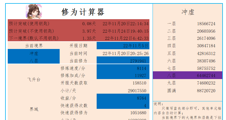 一剑江湖修为计算小工具