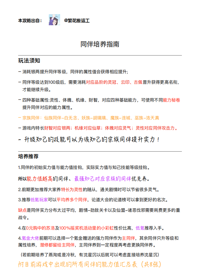 同伴培养攻略，磨磨蹭蹭好久终于肝出来了。
想说的话都在第一张图了！
纯属个人经验分享，如果有别的见解和看法按照自己的来就好~
转发随意，转载需要我授权哦~有bug或其他问题欢迎留言！
后八张图是自己汇总的同伴表表，希望能帮到大家。#攻略