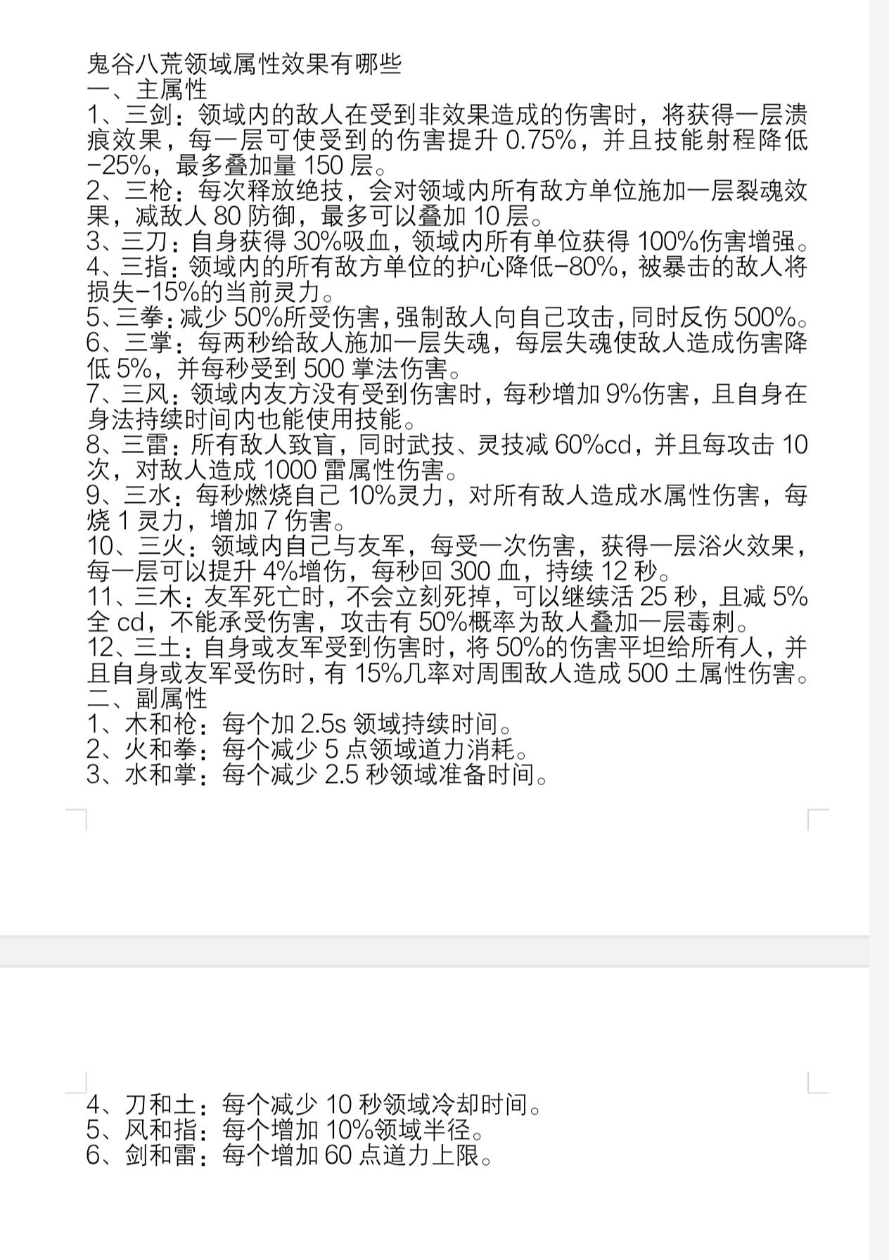 鬼谷八荒领域属性表