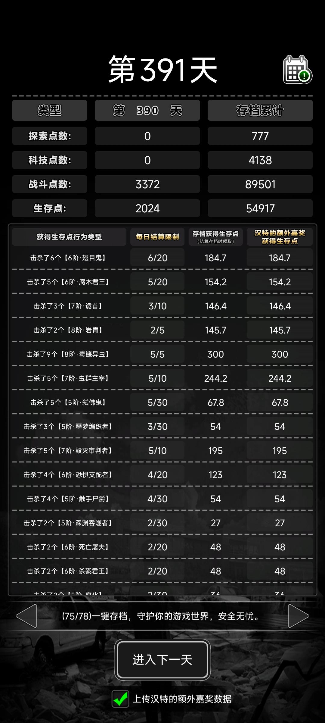 第一天刷了14.6w生存点，明天继续截图