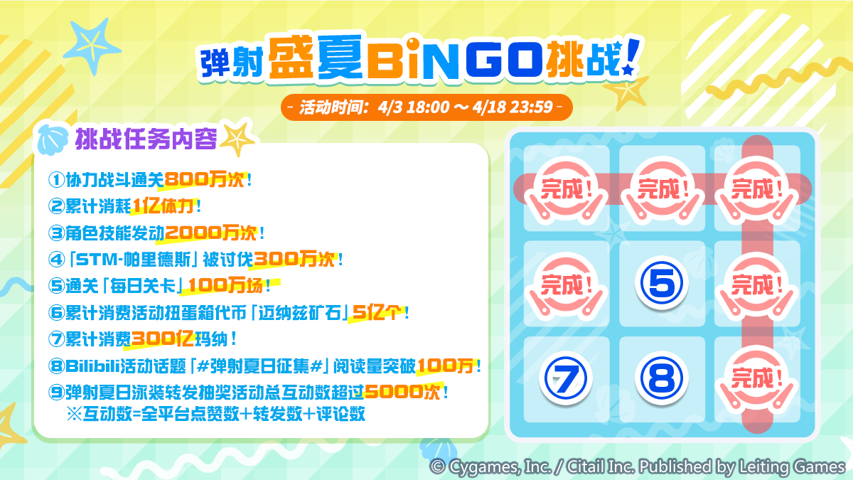 4月7日「弹射盛夏BINGO挑战」完成情况