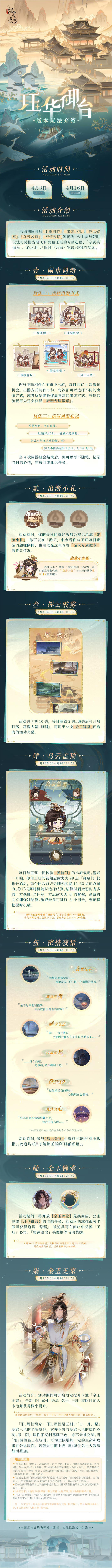 【珏华御台 | 限时版本玩法预告】

曦日盛，沧屿同游，春山不知愁，
繁星悬，夜幕絮语，长街灯如昼。

>活动时间：4月3日5:00-4月16日23:59
>兑换商店截止时间：4月23日23:59
>活动概要：在本次【珏华御台】活动中，公主殿下将与王珏一同体验「闹市同游」，感受南沧的风土人情，并在「同游札记」中记录每日的精彩瞬间。此外，公主还将与王珏共同参与「乌云盖顶」弹脑门小游戏，在「密夜情话」