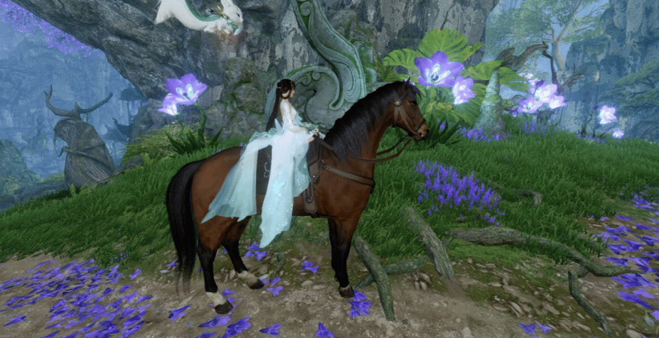 为了给公测助兴，高端坐骑“渡天霜”直接成了0元购赠品。
这事好是好，但信使总觉得。上手直接给了这个华丽坐骑后，那么在主线中方侯爷和月牙儿送我们的那匹健康的小马它怎么办？
总觉得它变成了同门和渡天霜play的一环...