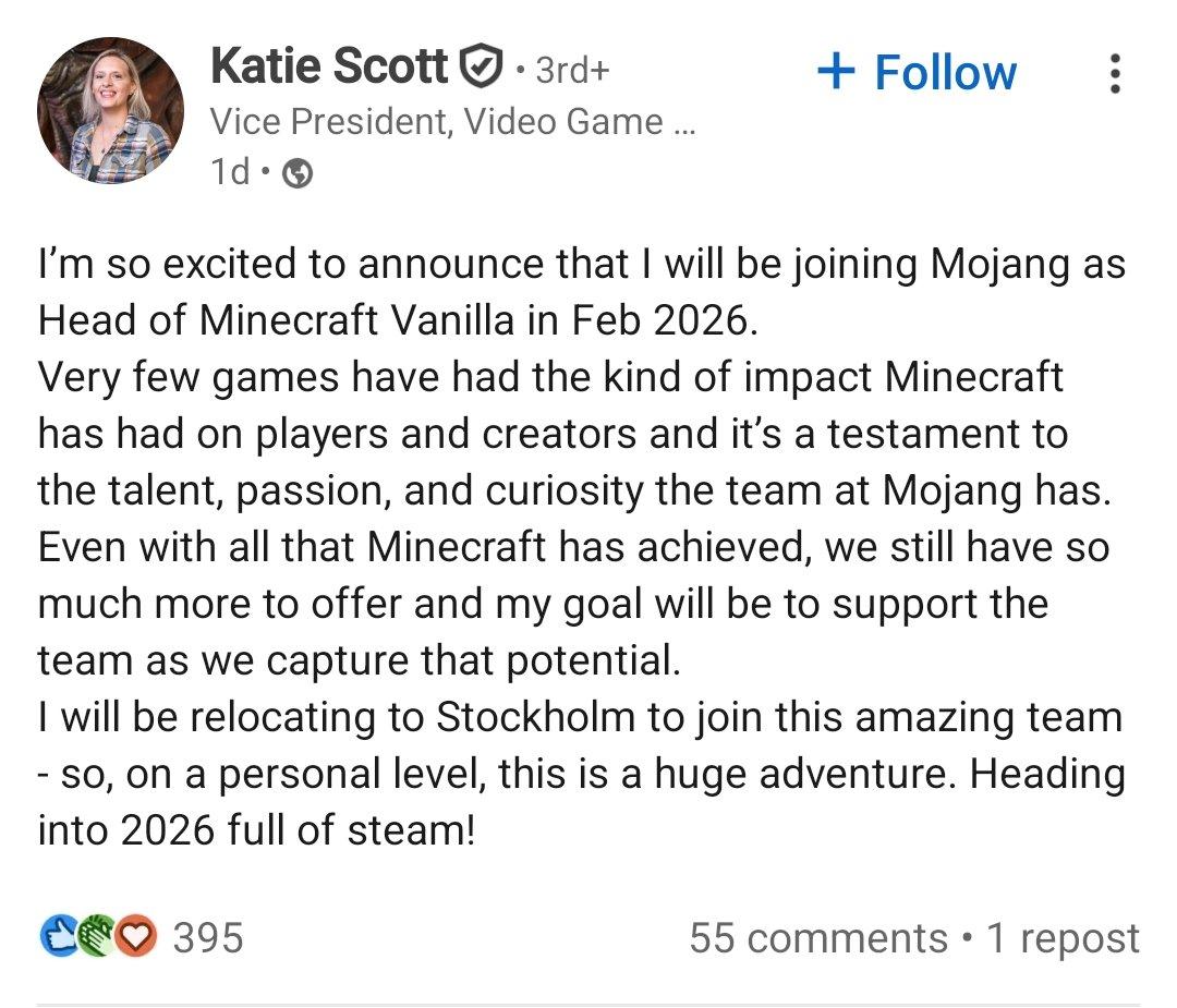育碧全球副总裁 Katie Scott 加入《我的世界》开发商 Mojang