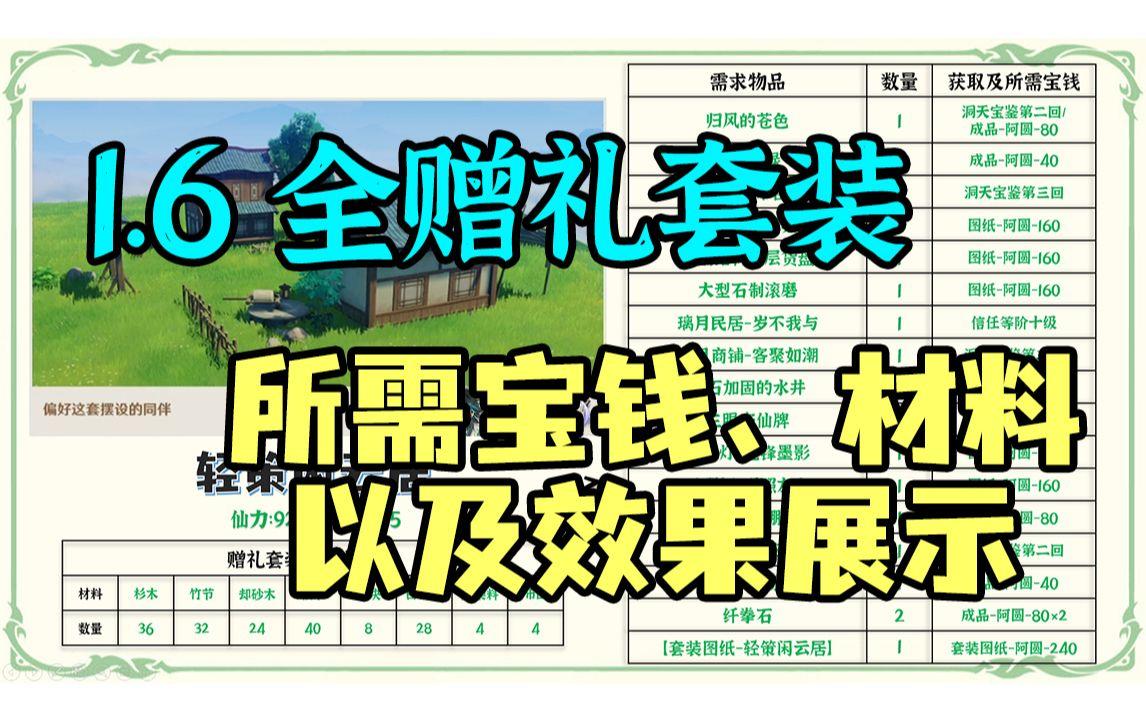 【原神】1.6全赠礼套装所需宝钱、材料以及效果展示！家园里有角色喜欢的套装可以拿原石
