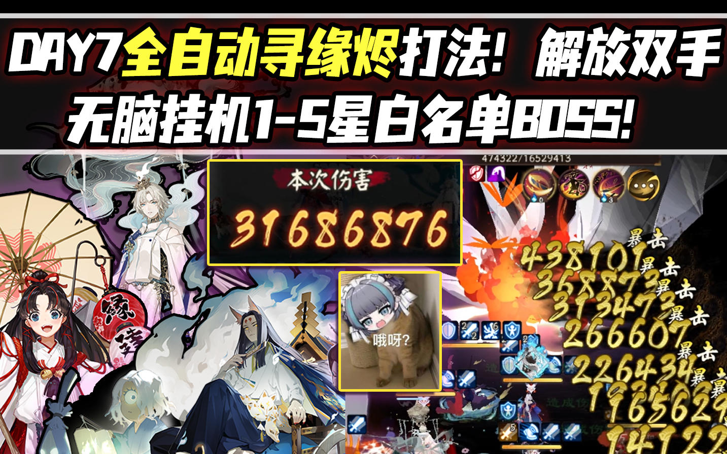 【阴阳师/超鬼王】DAY7全自动寻缘烬打法！解放双手，无脑挂机1-5星白名单BOSS！截图