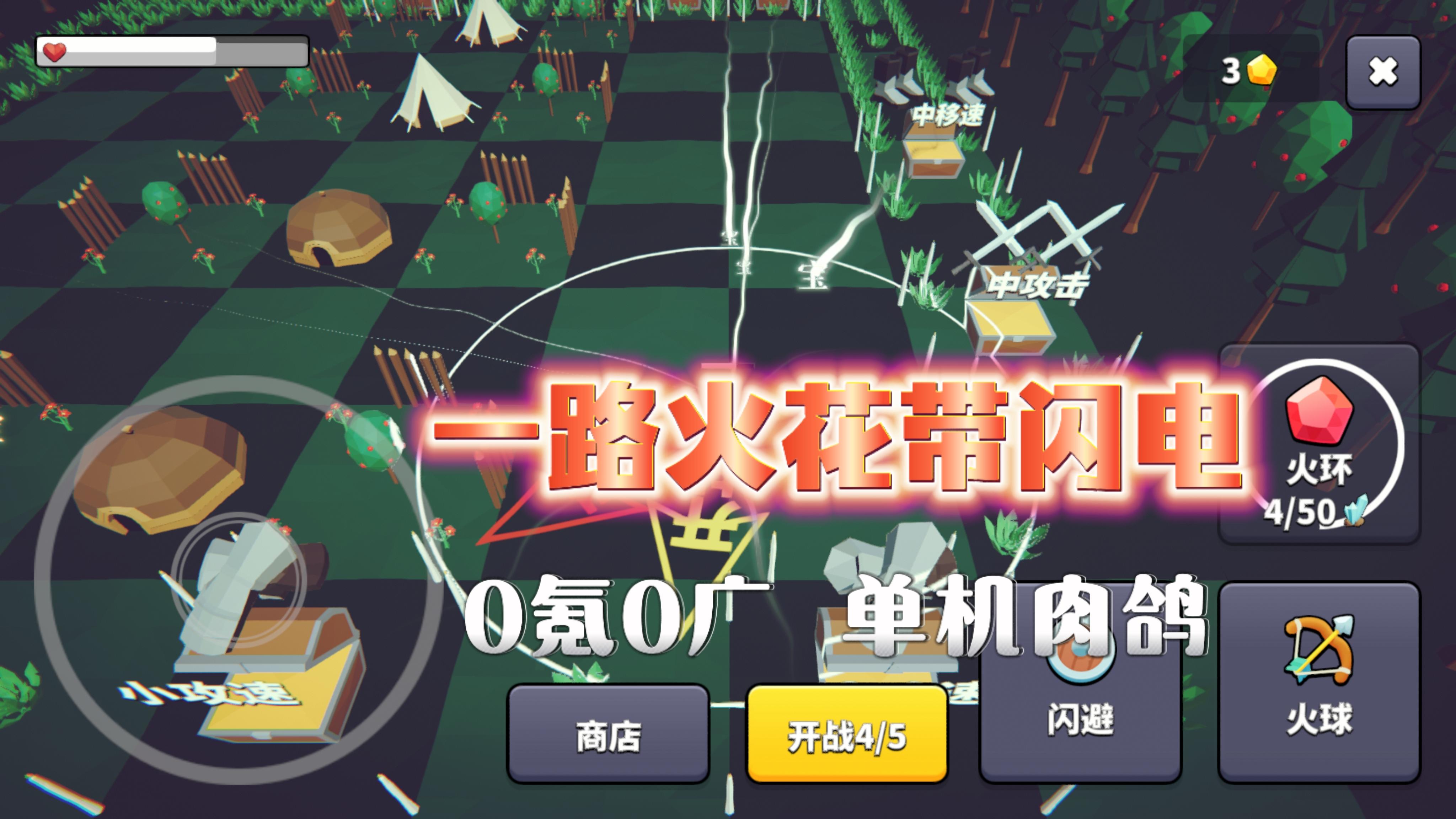 0氪0广，单机肉鸽，轻松上手，爽快割草，行走一路火花带闪电！