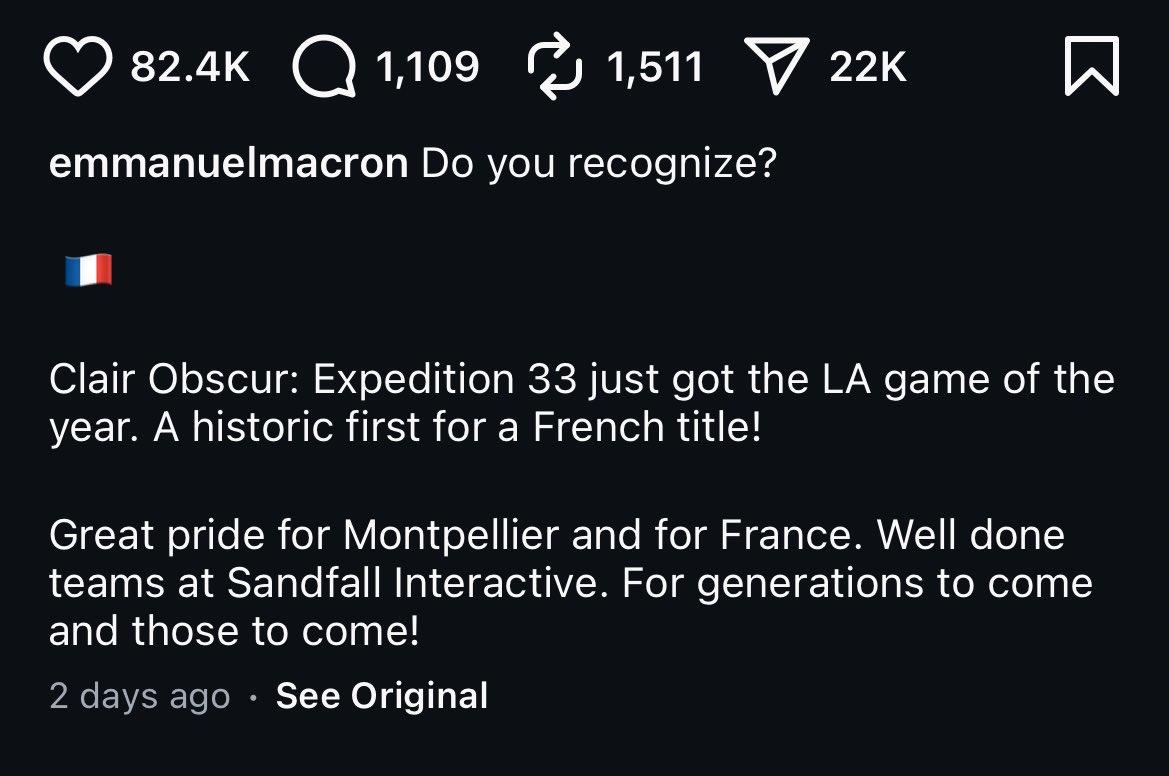 法国总统马克龙发文盛赞《光与影：33 号远征队》